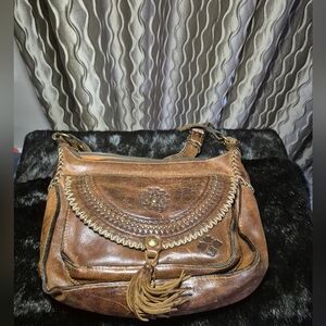 Patricia Nash Brown Leather Shoulder Bag with Tassel Genuine Leather